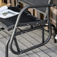 Black outdoor glider chair with curved armrests, mesh seat, and steel frame