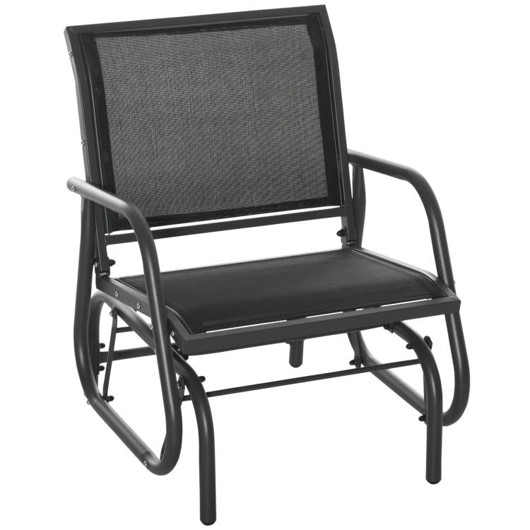 Black glider chair with rectangular mesh back, curved armrests, and mesh seat