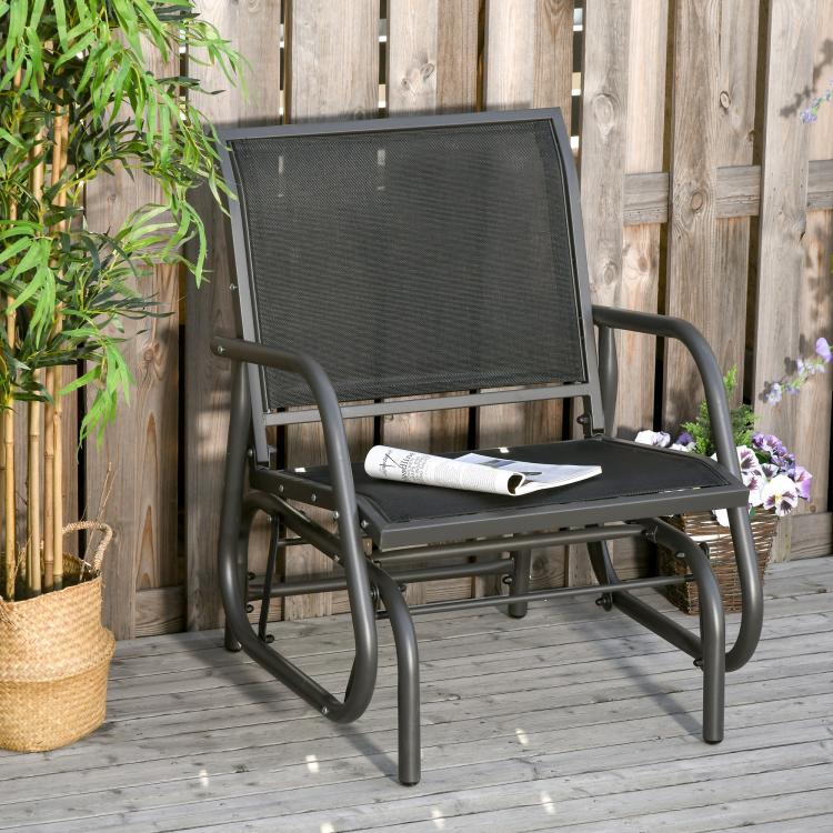 Black steel glider chair with mesh backrest and fabric seat pad with curved arms