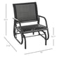 Black outdoor glider chair with curved arms and mesh backrest, size shown