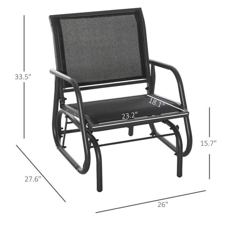 Black outdoor glider chair with curved arms and mesh backrest, size shown