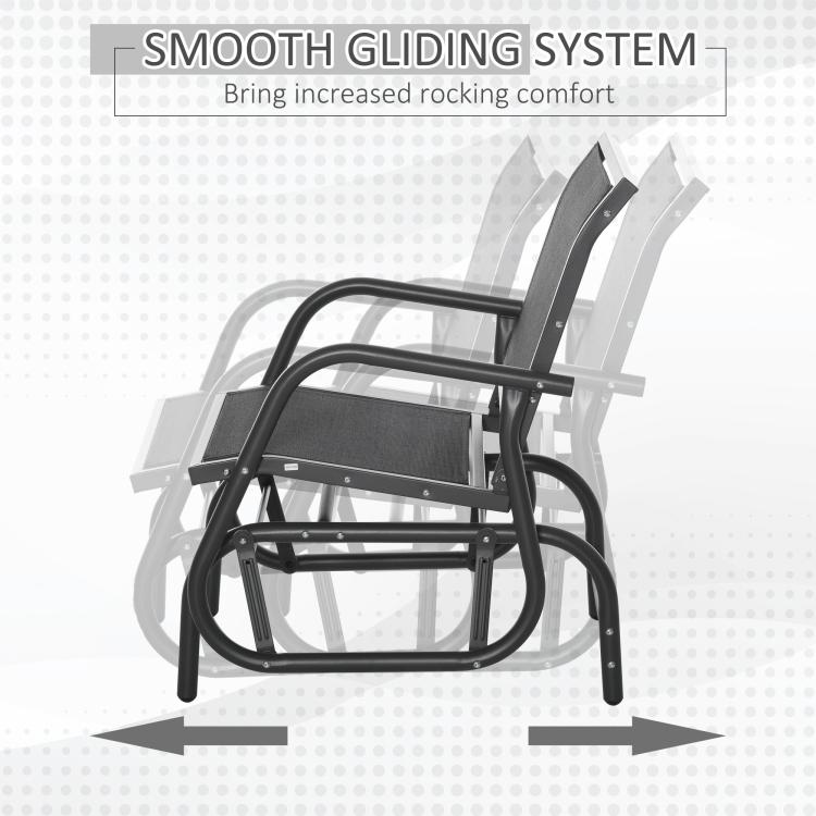 Black outdoor glider chair with smooth-gliding rocker base and curved armrests