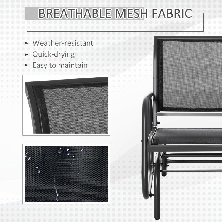 Black outdoor glider chair with breathable mesh backrest and curved steel arms