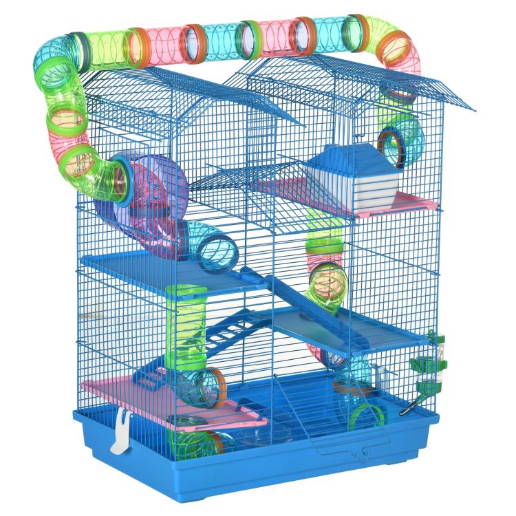 Blue 5-tier hamster cage with colorful tubes, tunnels, and multi-level platforms
