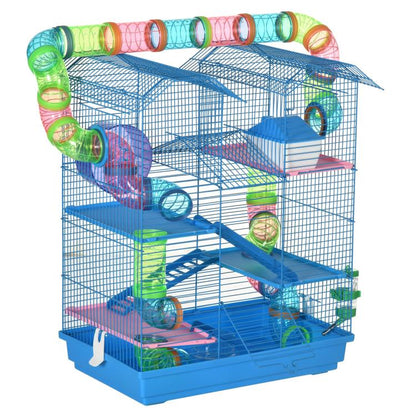 Blue 5-tier hamster cage with colorful tubes, tunnels, and multi-level platforms