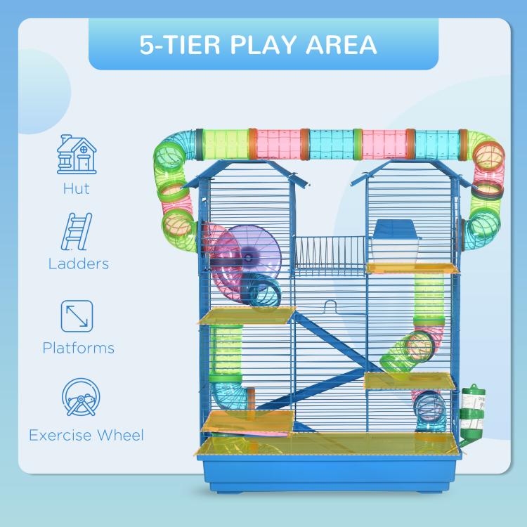 Blue 5-tier play area hamster cage diagram with ladders, platforms, and exercise wheel icons