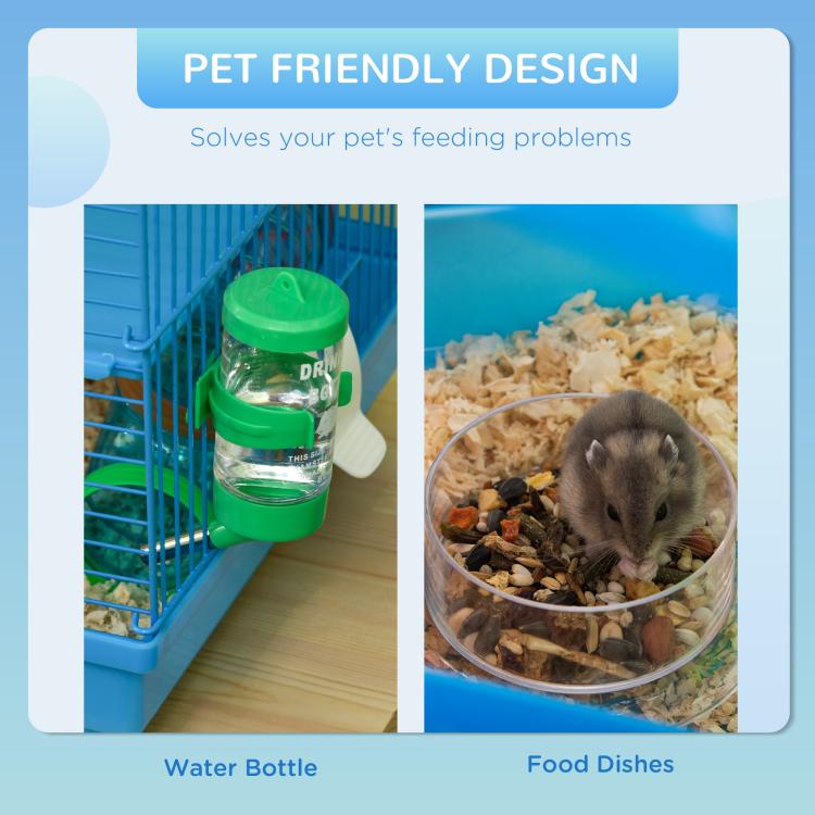 Blue hamster cage with water bottle and food dish shown in a pet-friendly design panel