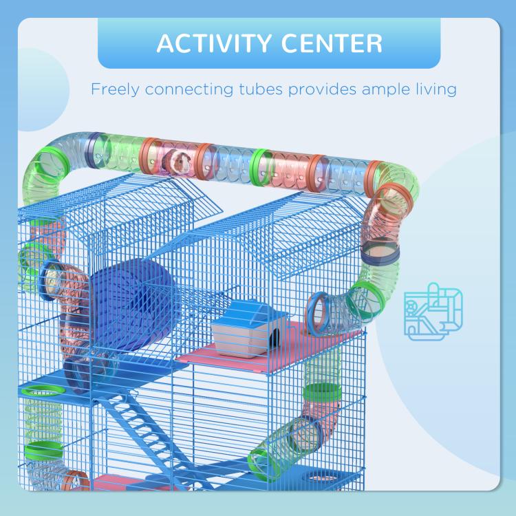 Blue 5-tier activity center hamster cage with connecting tubes and multiple levels