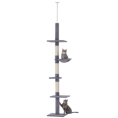 Gray floor-to-ceiling cat tree with platforms, perches, and scratching posts