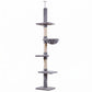 Gray cat tree with multiple platforms and hammock on a vertical scratching post