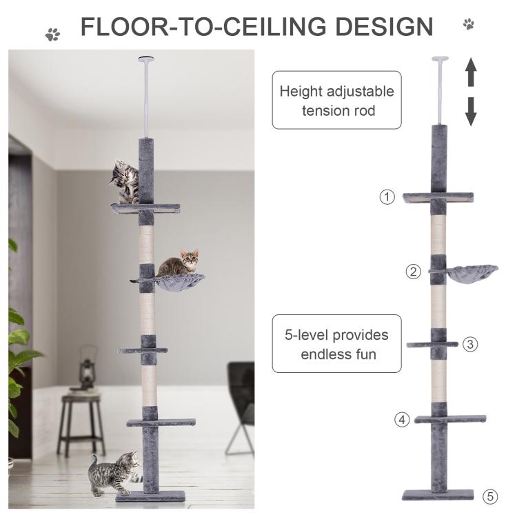 Gray floor-to-ceiling cat tree with tension rod and stacked scratching platforms