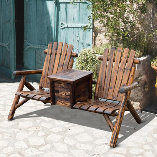 Outdoor wooden adirondack loveseat with central ice bucket table and slatted seats