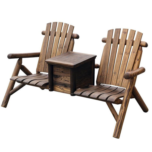 Double wooden adirondack chair with central ice bucket table and slatted backs