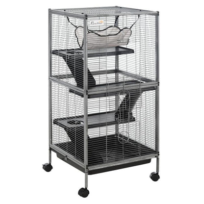 Rolling small animal cage with hanging hammock, black ramps, and wire enclosure