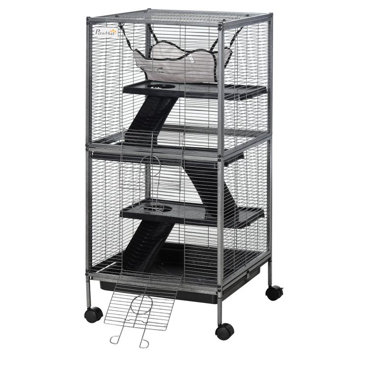 Rolling ferret-style cage with hammock, stacked platforms, and black wire frame