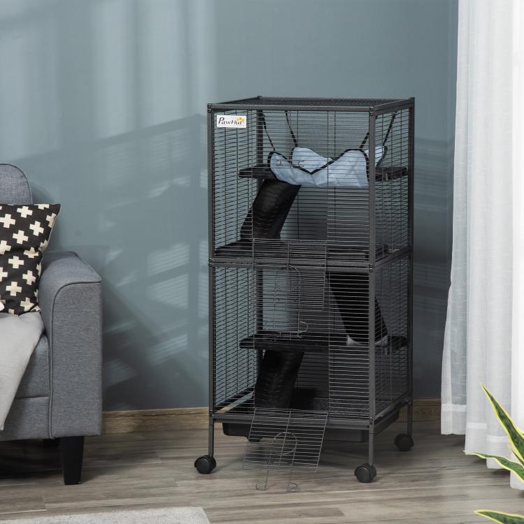 Rolling wire pet cage with hammock and multiple black platforms, on caster wheels