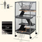 Measured rolling small animal cage with black ramps, hammock, and caster feet