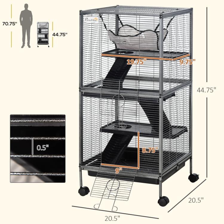 Measured rolling small animal cage with black ramps, hammock, and caster feet