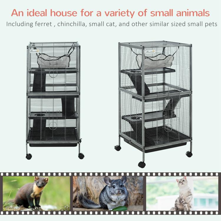 Rolling small animal cage featuring hammock, ramped platforms, and wire door access
