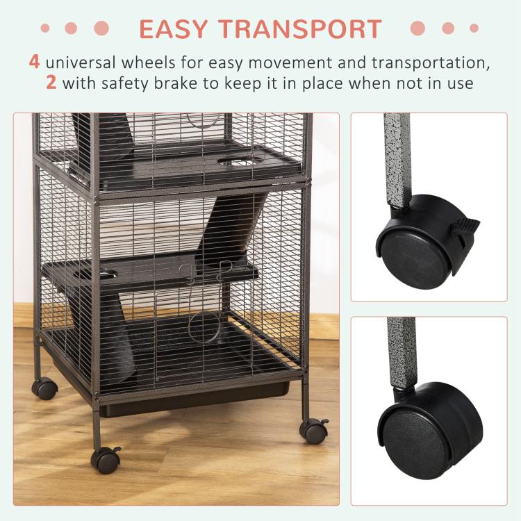 Rolling small animal cage base with four safety caster wheels for easy movement