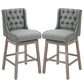 Set of 2 gray bar stools with button-tufted backrests and padded seat on wood frames