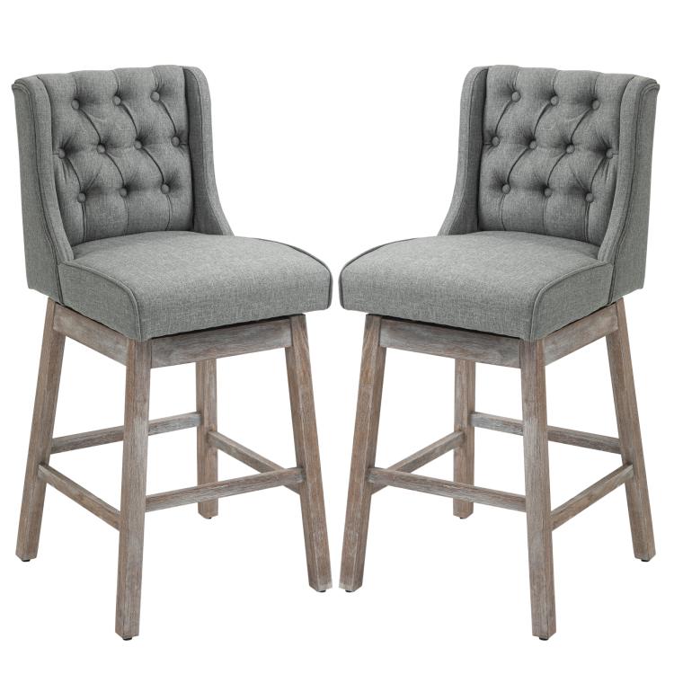 Set of 2 gray bar stools with button-tufted backrests and padded seat on wood frames