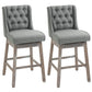 Set of 2 gray tufted bar height stools with padded seats and solid wood footrests