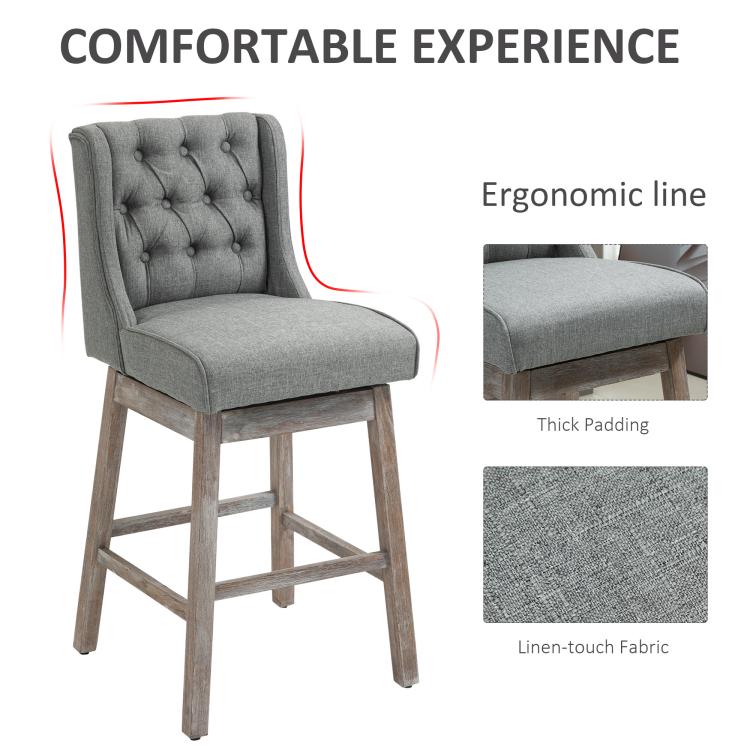 Gray tufted bar stool with padded seat and buttoned backrest, shown with detail insert