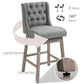Gray bar stool set with button-tufted backrests, swivel base, and layered footrest