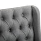 Gray button-tufted upholstered bar stool backrest with curved chair profile