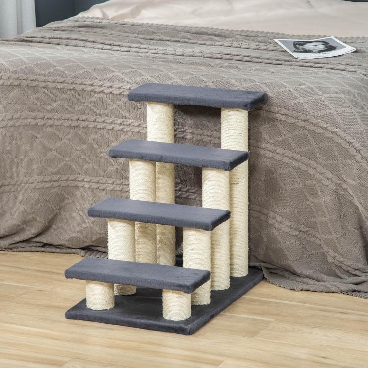 Four-step cat tower with dark platforms and cream sisal-wrapped posts