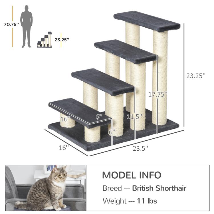 4-tier cat climbing tower with four dark platforms and cream sisal scratching posts