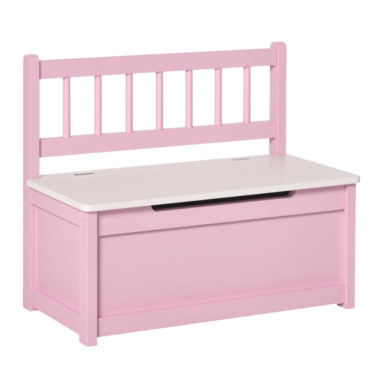 Pink kids toy storage bench with lift-top lid and open storage compartment