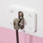 Kids toy storage bench lid hinge and lock hardware on pink chest