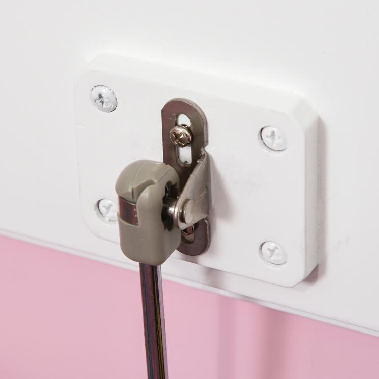 Kids toy storage bench lid hinge and lock hardware on pink chest