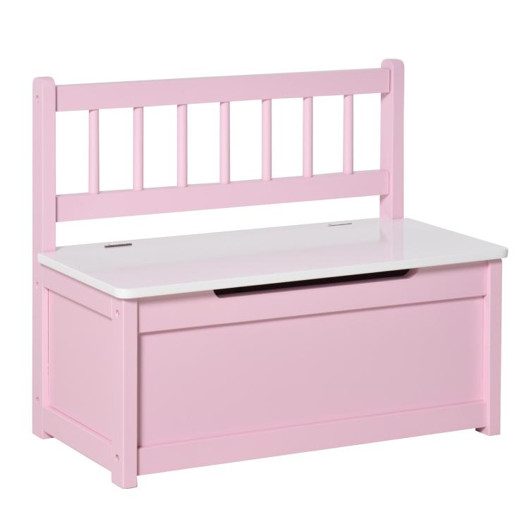 Pink kids storage bench with open top lid and built-in backrest