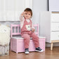 Pink kids toy storage bench with slatted backrest and closed lift-top lid
