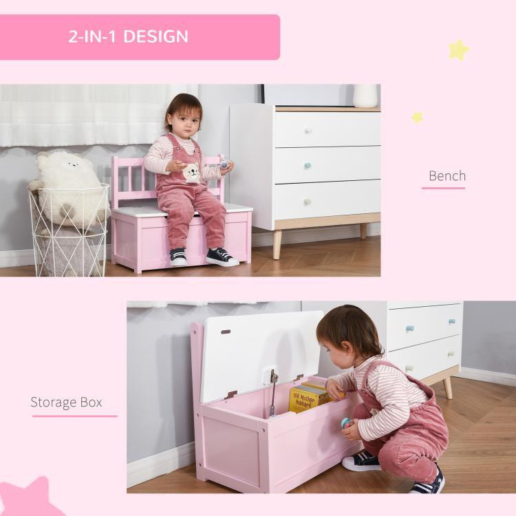 Pink 2-in-1 toy storage bench showing open storage box with lid