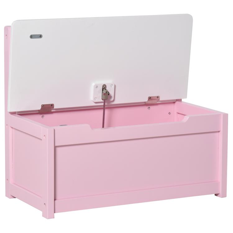 Pink toy storage bench with open lid, safety hinges, and spacious interior compartment