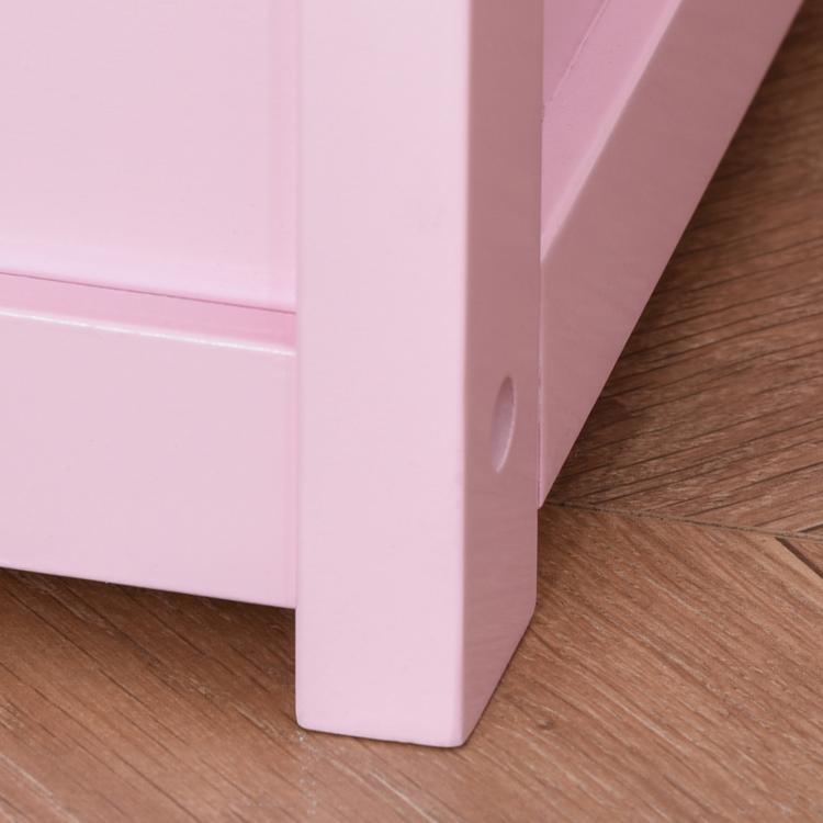 Pink toy storage bench base corner with smooth rounded edge and sturdy leg
