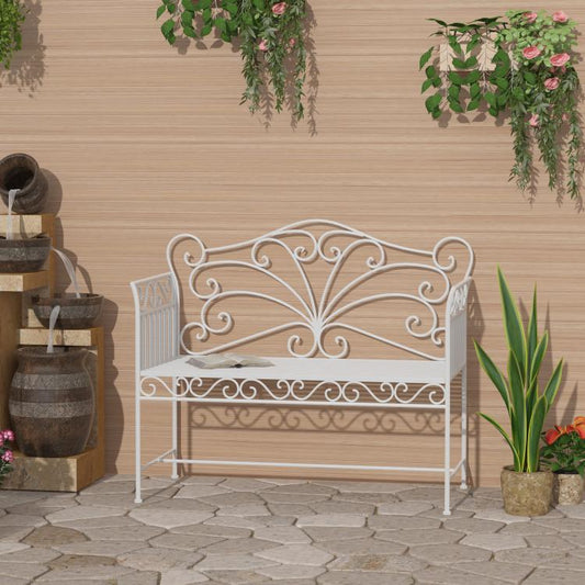 Cream white metal garden bench with decorative scroll backrest and armrests