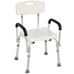 Mobility shower bench chair with white padded seat, black armrests, and adjustable height legs