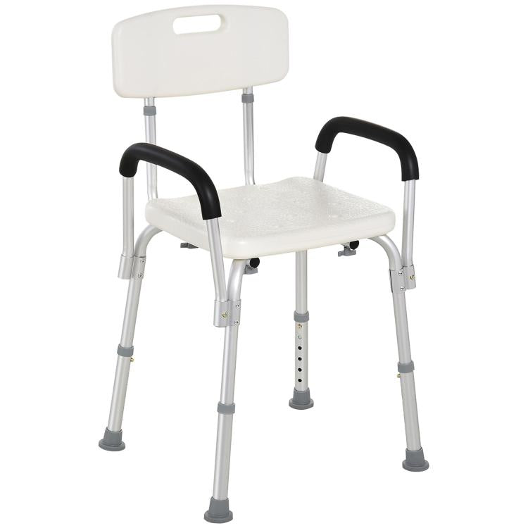 Shower chair with white seat and backrest, black armrests, and height-adjustable legs