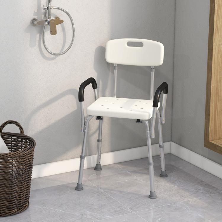 Shower chair with white backrest and seat, black armrests, and non-slip feet