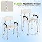 Adjustable shower bench chair shown with white backrest, black armrests, and height settings