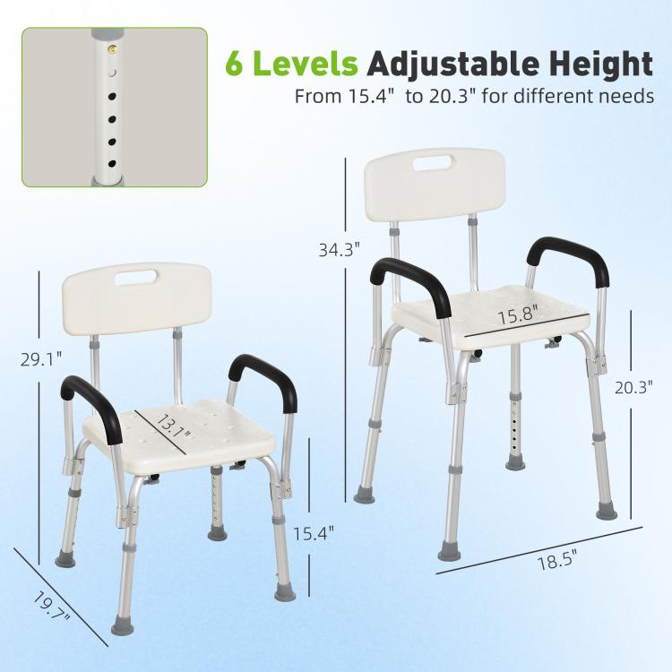 Adjustable shower bench chair shown with white backrest, black armrests, and height settings