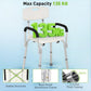 Shower chair with white backrest and seat, black armrests, and reinforced aluminum frame