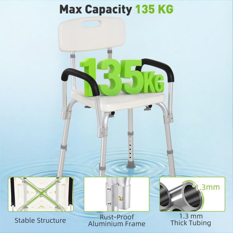 Shower chair with white backrest and seat, black armrests, and reinforced aluminum frame