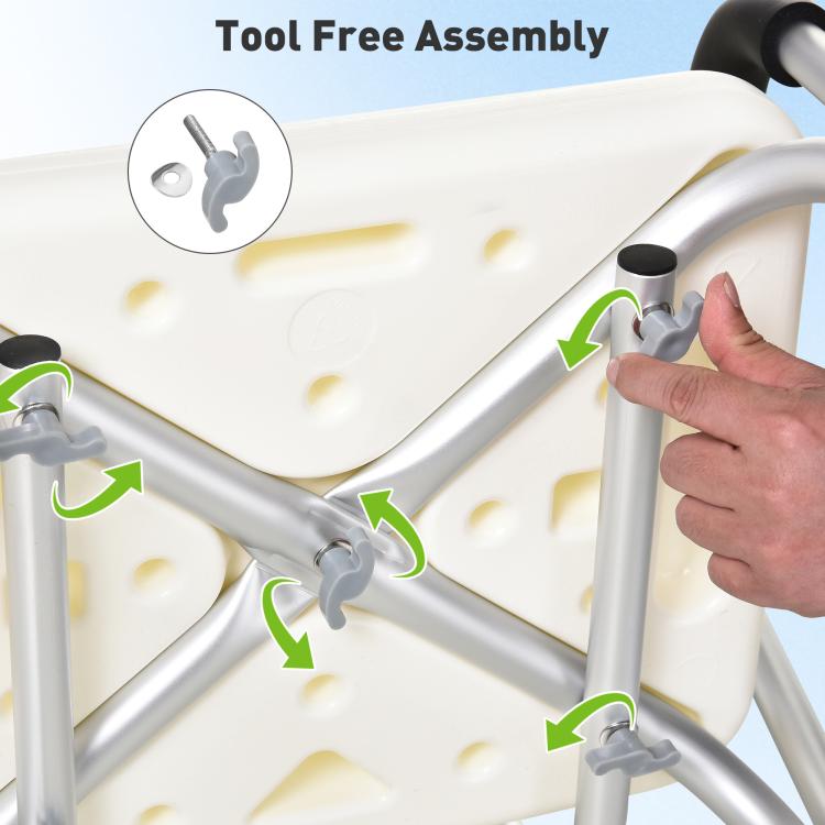 Shower chair frame parts with tool-free assembly connectors and white seat