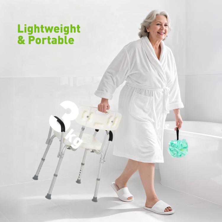 Lightweight portable shower chair with white seat and backrest and black armrests